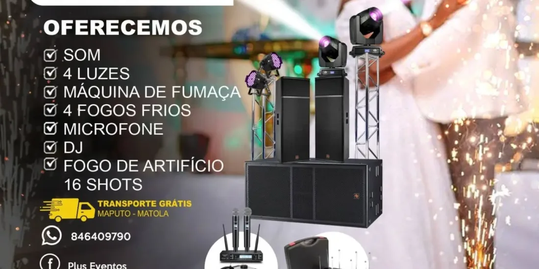 Pacote Plus — Som, Luz, DJ e Máquina de Fumo