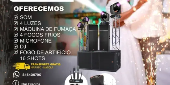 Pacote Plus — Som, Luz, DJ e Máquina de Fumo